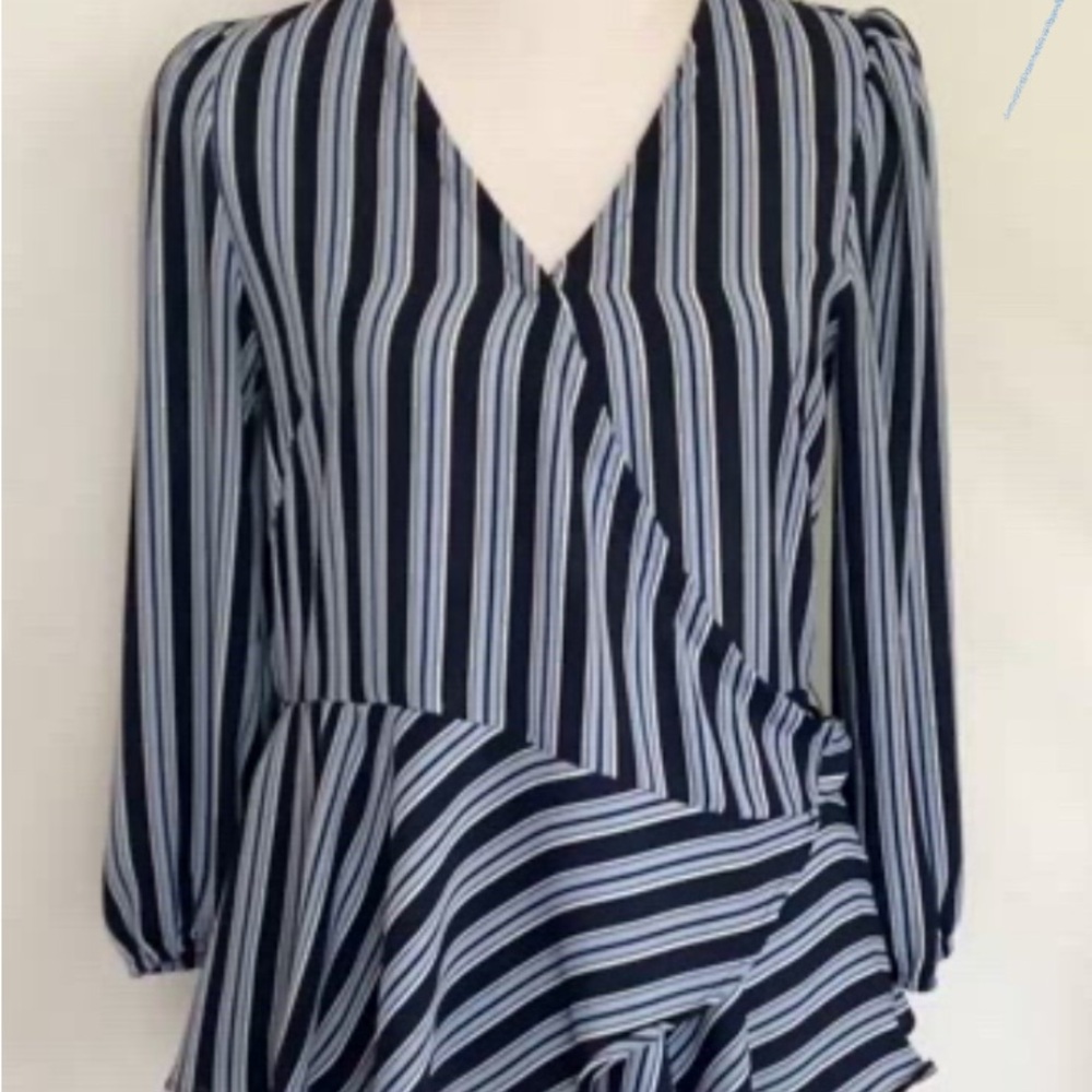 LOFT Navy, Pale Blue and White Striped smart Wrap Blouse - Picture 7 of 9